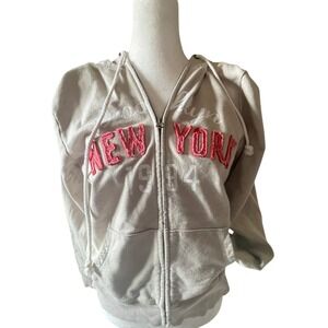 Brooklyn Womens New York 1994 Zip Up Hoodie M Cream Pink Graphic Varsity Retro